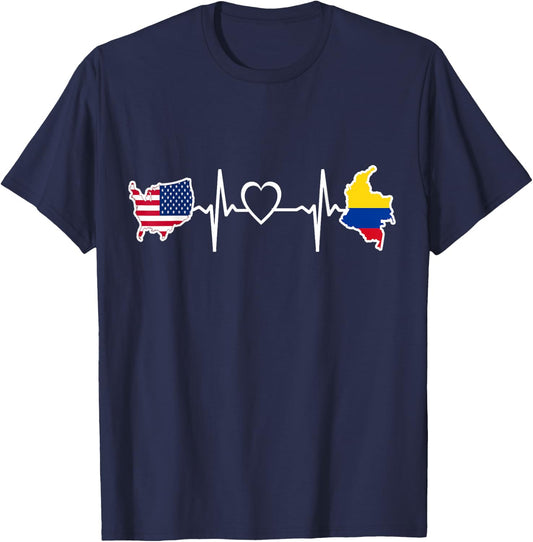 Colombia USA Heartbeat - Colombian American USA Flag T-Shirt - T-Shirt | Navy