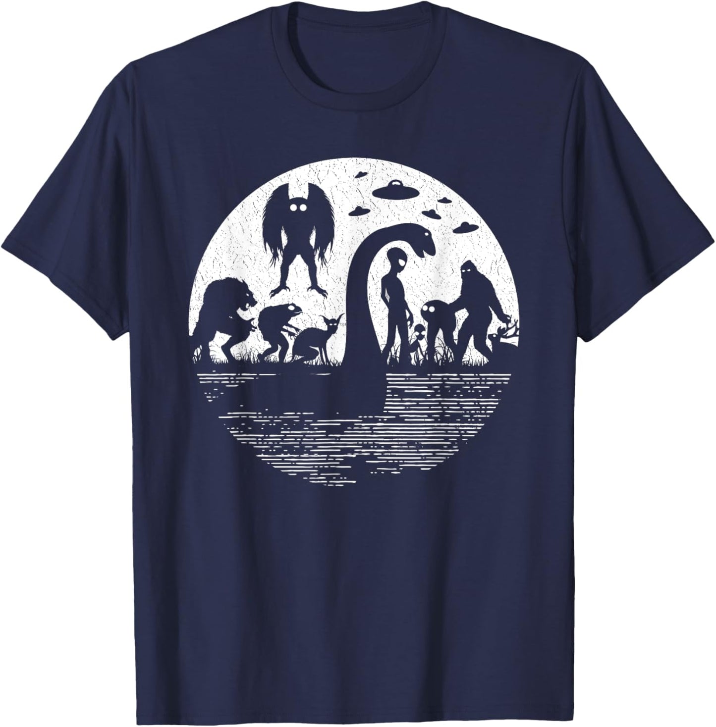 Bigfoot Loch Ness Monster Mothman And Aliens! Funny Cryptid T-Shirt - T-Shirt | Navy