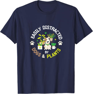 Easily Distracted By Dogs And Plants Gardening Dog Animals Men Women Girls Kids T-Shirt - T-Shirt | Navy