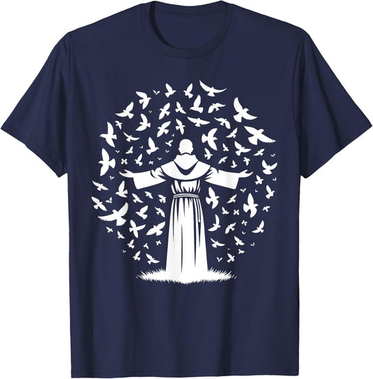 St Francis of Assisi Patron Saint of Animals Birds Catholic T-Shirt - T-Shirt | Navy