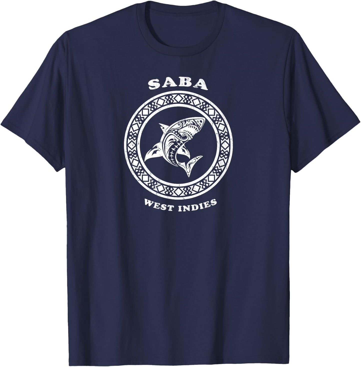 Saba, West Indies Vintage Retro Tribal Shark Vacation T-Shirt - T-Shirt | Navy