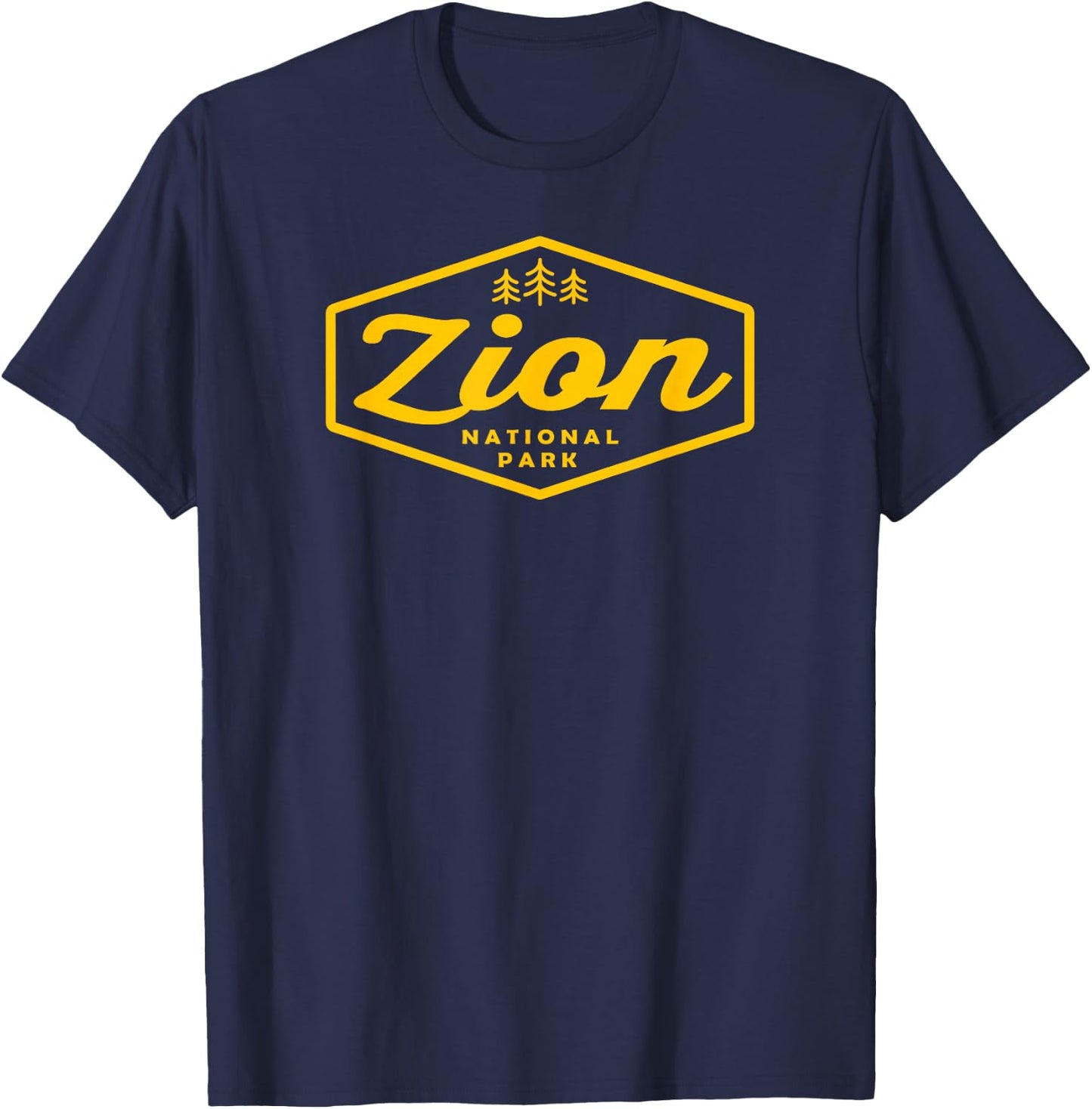 Zion National Park Retro Tree Hexagon Badge Camping Hiking T-Shirt - T-Shirt | Navy