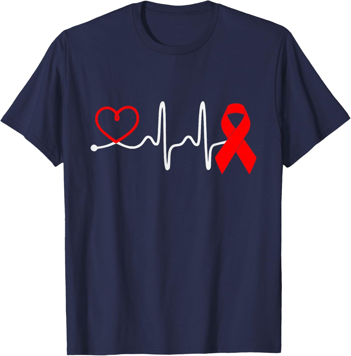 Red Ribbon Heartbeat Design For Heart Disease Awareness T-Shirt - T-Shirt | Navy