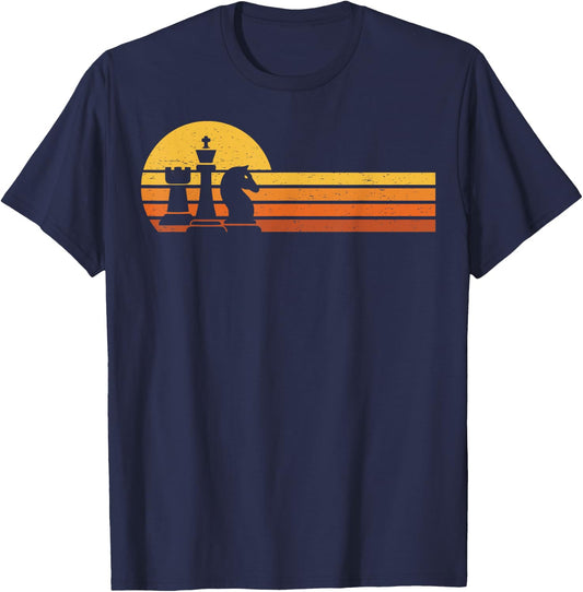 Vintage Chess Player Retro Sunset Design Chess Pieces T-Shirt - T-Shirt | Navy