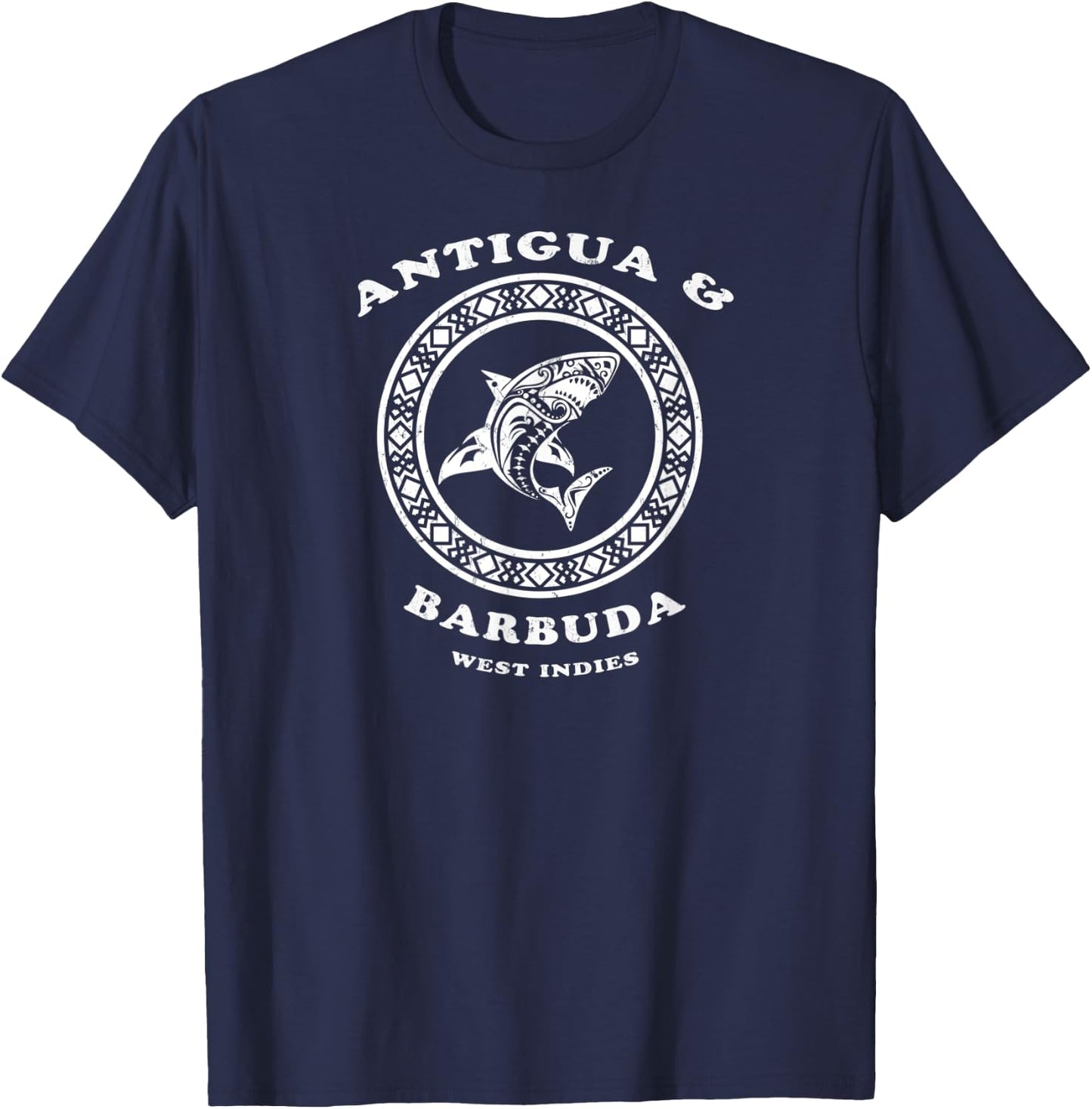 Antigua & Barbuda, West Indies Vintage Tribal Shark Vacation T-Shirt - T-Shirt | Navy