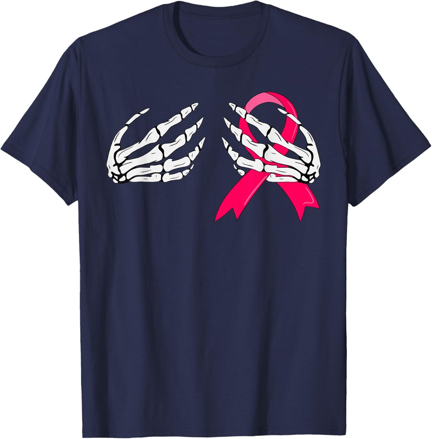 Pink Ribbon Skeleton Hand Breast Cancer Awareness T-Shirt - T-Shirt | Navy