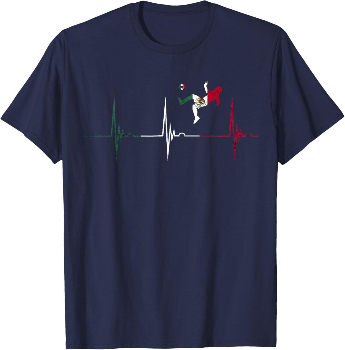 Mexican Pride Heartbeat EKG Pulse Mexican Flag Mexico Soccer T-Shirt - T-Shirt | Navy