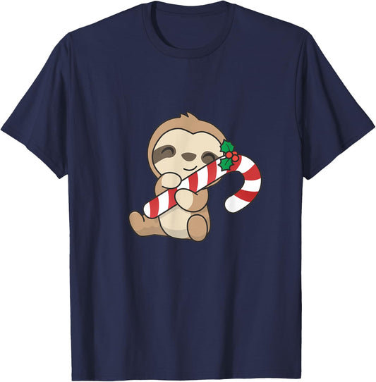 Sloth Christmas Candy Cane Cute Sloth T-Shirt - T-Shirt | Navy