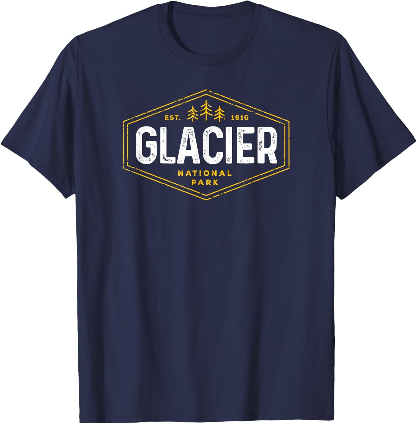 Glacier National Park Shirt Vintage Tree Hexagon Badge Hike T-Shirt - T-Shirt | Navy