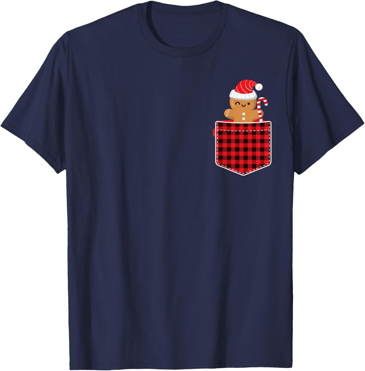 Red Plaid Gingerbread Cookie in Pocket Buffalo Christmas T-Shirt - T-Shirt | Navy