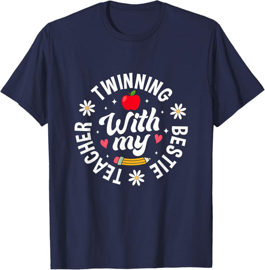 Twin Day Design Teacher Twinning with My Bestie Matching Women T-Shirt - T-Shirt | Navy