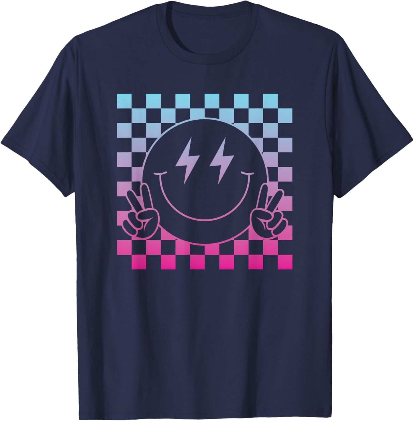 Lightning Eyes Smile Face Shirt Cute Checkered Smiling Happy T-Shirt - T-Shirt | Navy