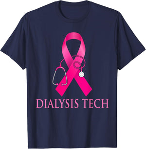 Dialysis Tech Nurse Stethoscope Pink Heart Breast Cancer T-Shirt - T-Shirt | Navy