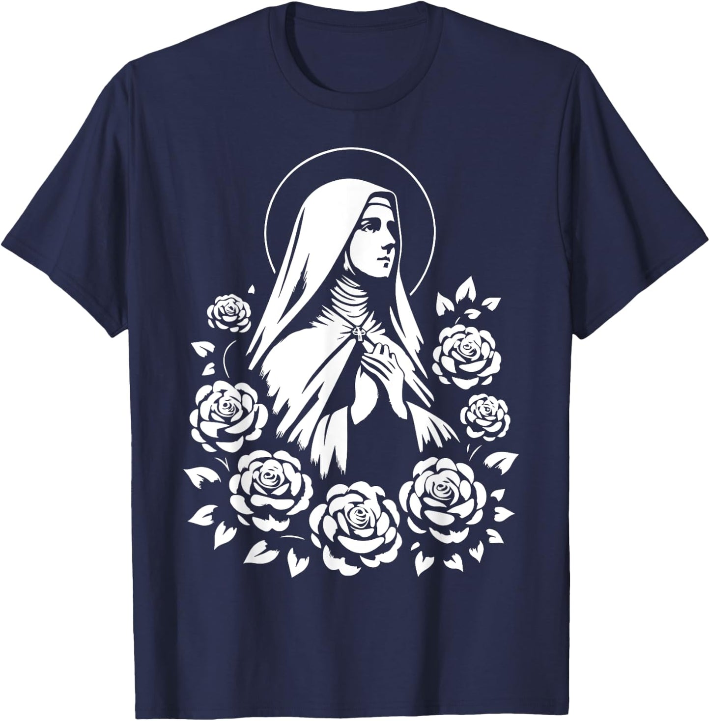 St Therese of Lisieux Little Flower Saint Roses Catholic Art T-Shirt - T-Shirt | Navy