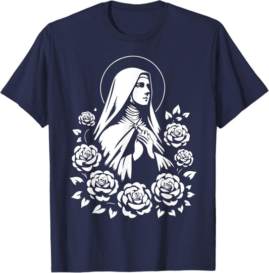 St Therese of Lisieux Little Flower Saint Roses Catholic Art T-Shirt - T-Shirt | Navy