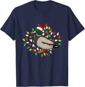 Holiday Xmas Lighting Santa Hat Mallard Duck Bird Christmas T-Shirt - T-Shirt | Navy
