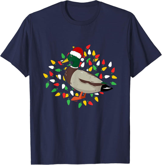 Holiday Xmas Lighting Santa Hat Mallard Duck Bird Christmas T-Shirt - T-Shirt | Navy