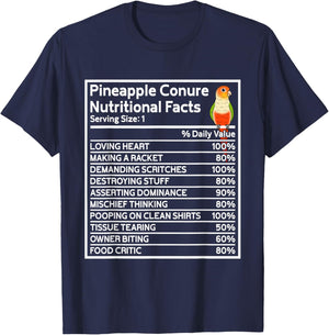 Parrot Nutritional Facts I Green Cheek Pineapple Conure T-Shirt - T-Shirt | Navy