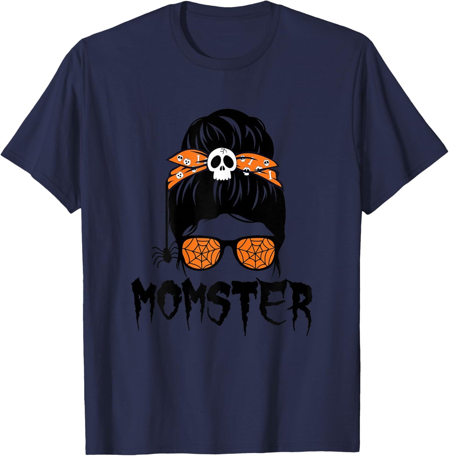 Momster Halloween Costume Skull Mom Messy Hair Bun Monster T-Shirt - T-Shirt | Navy