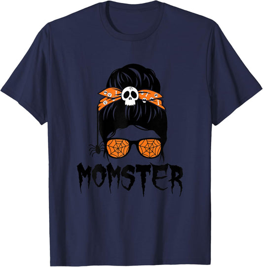 Momster Halloween Costume Skull Mom Messy Hair Bun Monster T-Shirt - T-Shirt | Navy