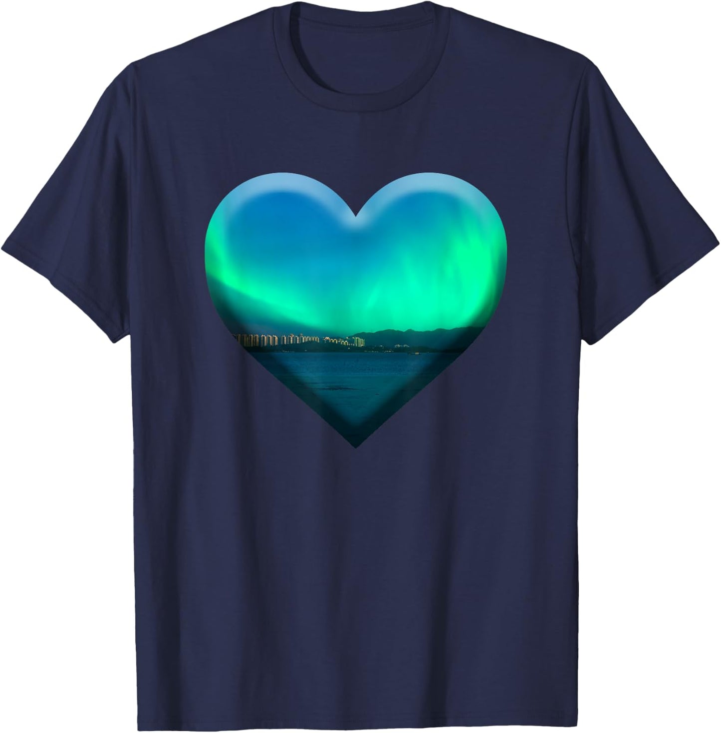 Northern Light Aurora Borealis Heart Shape Love Nature Sky T-Shirt - T-Shirt | Navy