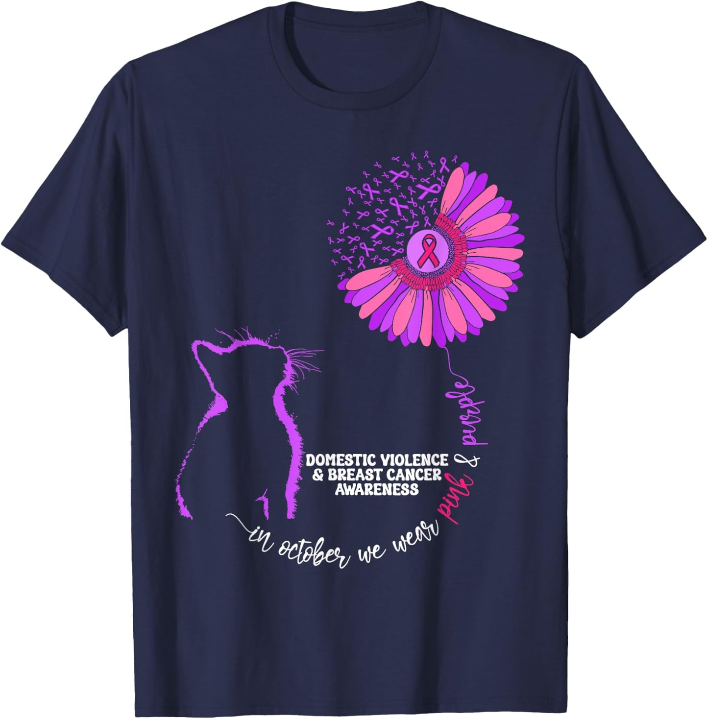 Cat Domestic Violence And Breast Cancer Awareness Groovy Men Women Girls Kids T-Shirt - T-Shirt | Navy