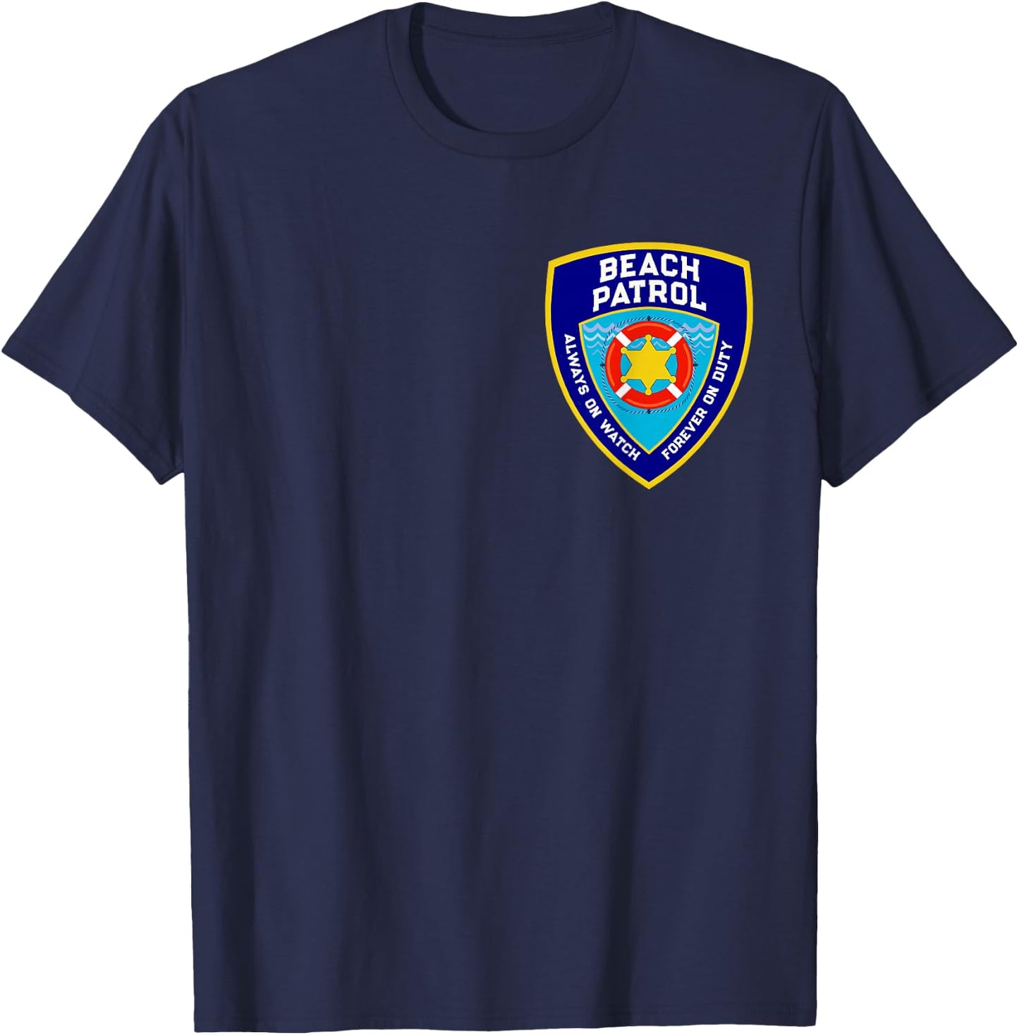 Funny BEACH PATROL Pocket Shield Lifeguards Off Duty Police T-Shirt - T-Shirt | Navy