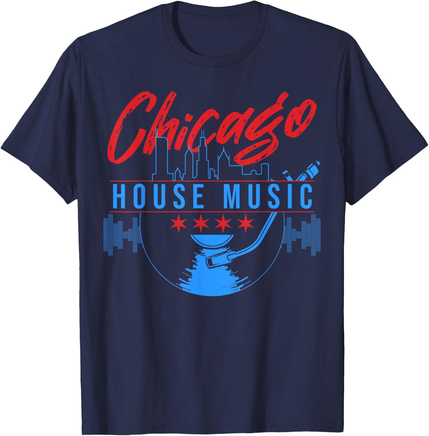 Chicago House Music Vinyl Dj Raver Flag Skyline Apparel T-Shirt - T-Shirt | Navy