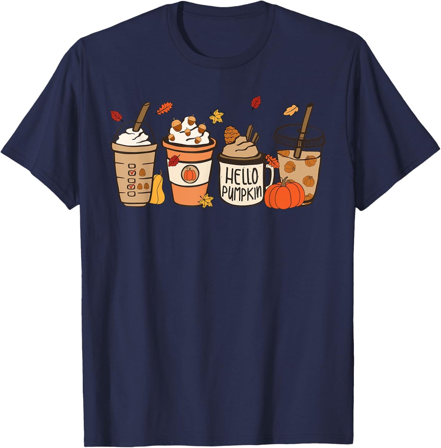 Hello Pumpkin Spice Latte Coffee Vintage Thanksgiving Fall T-Shirt - T-Shirt | Navy