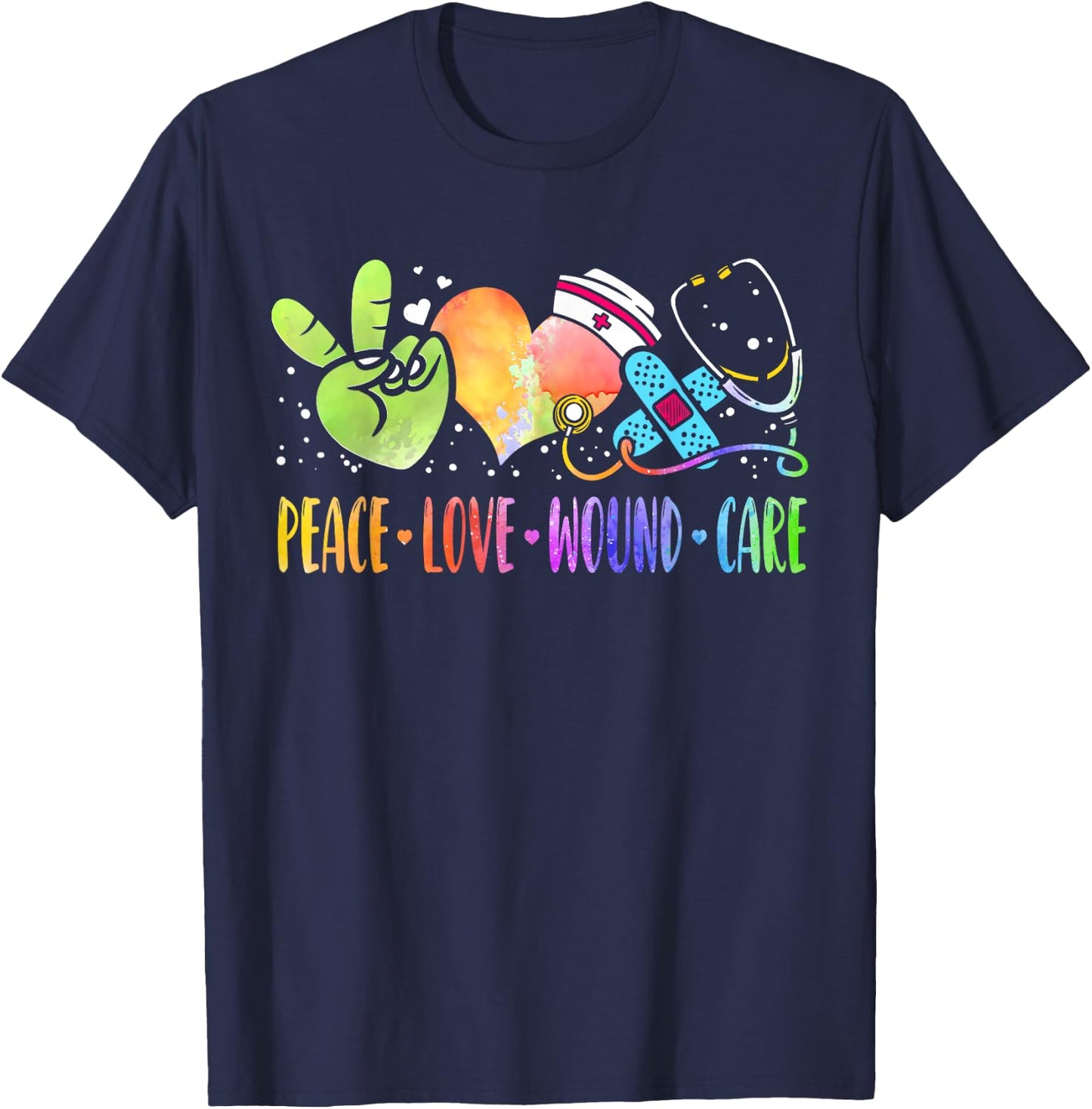 Peace Love Wound Care Nurse Heart Stethoscope RN Tie-Dye T-Shirt - T-Shirt | Navy
