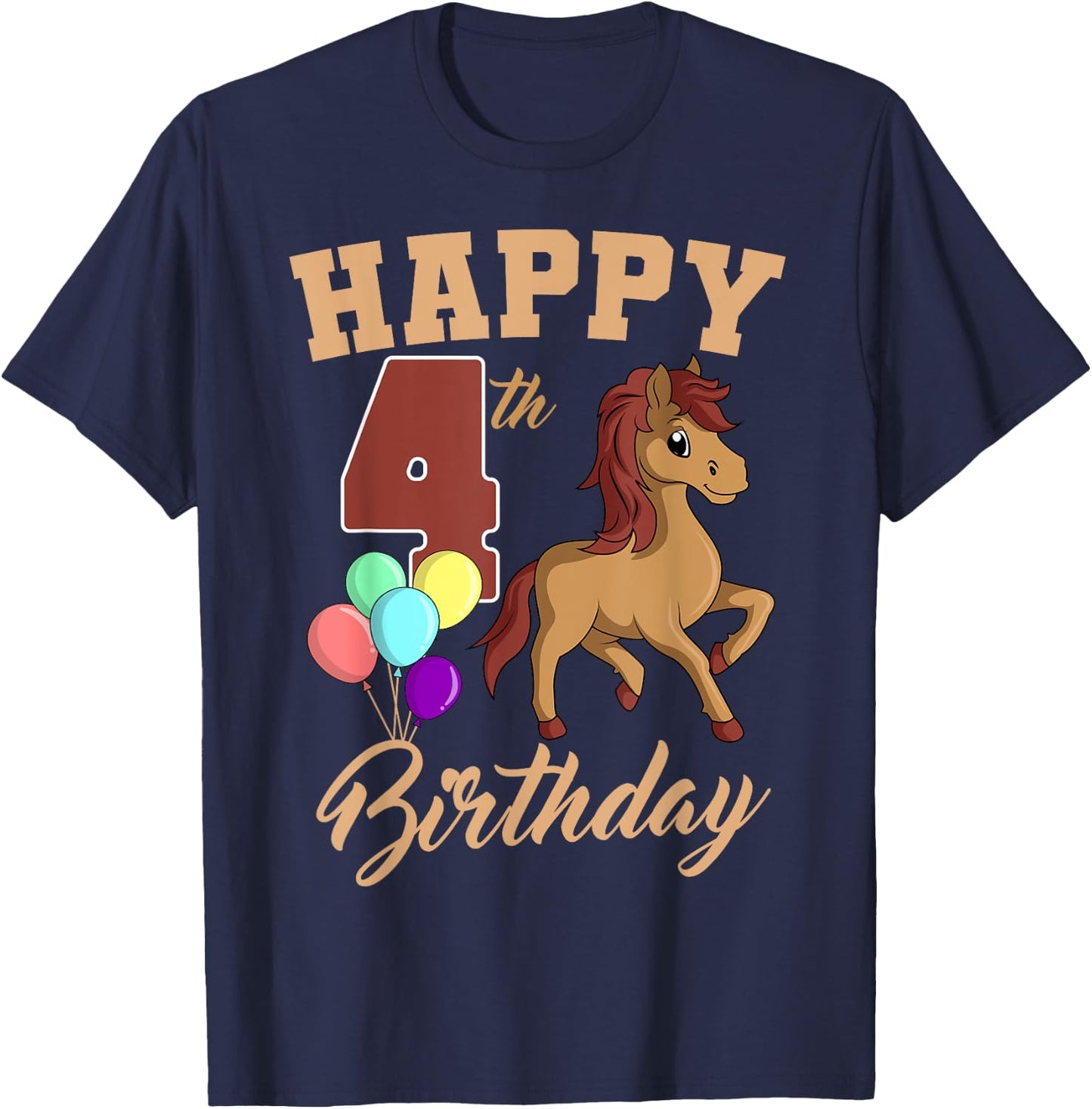 Happy 4th Birthday Horse Theme 4 Bday Party Celebration T-Shirt - T-Shirt | Navy