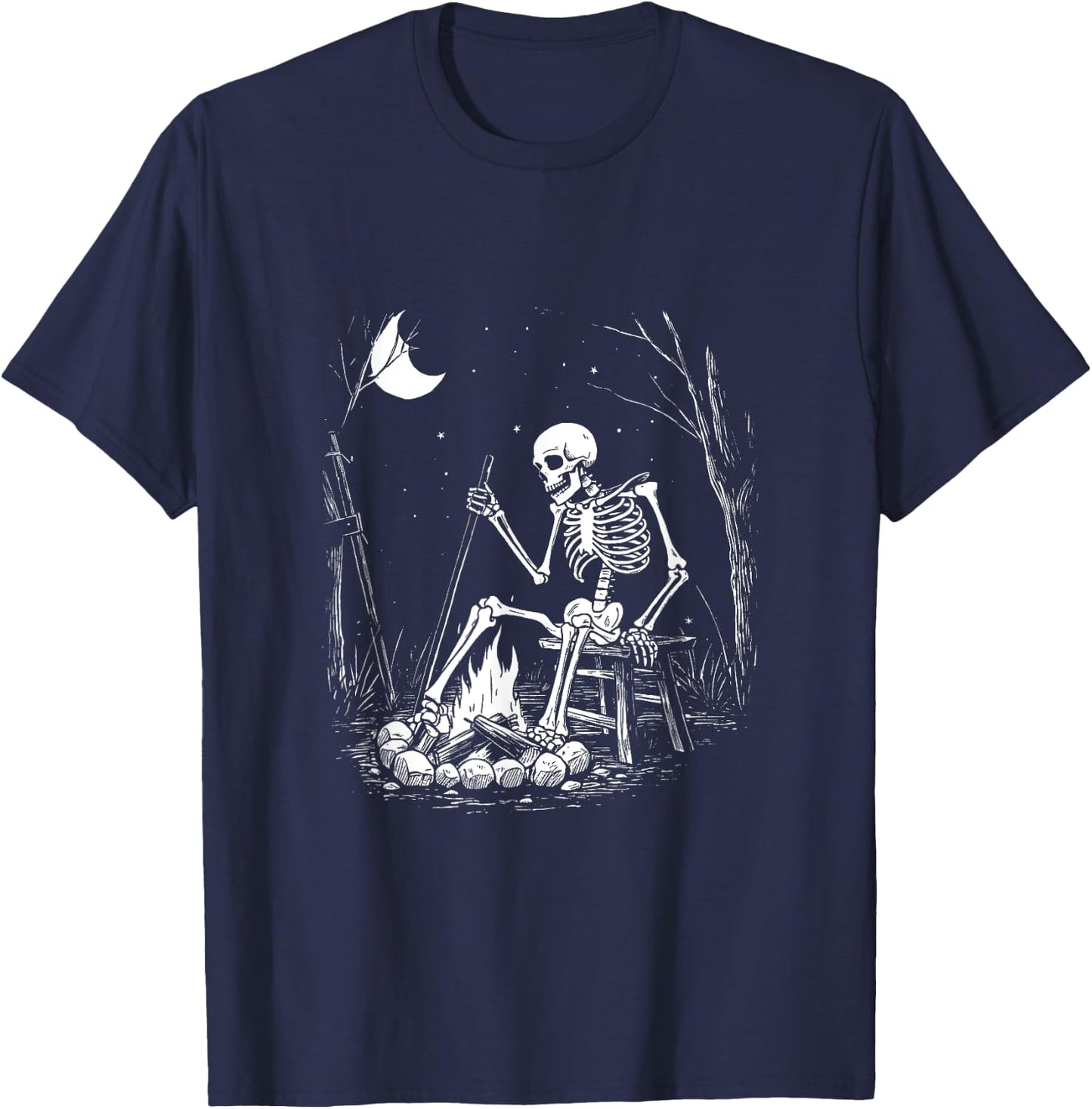 Camping Skeleton Bones Halloween Forest Campfire Graphic T-Shirt - T-Shirt | Navy