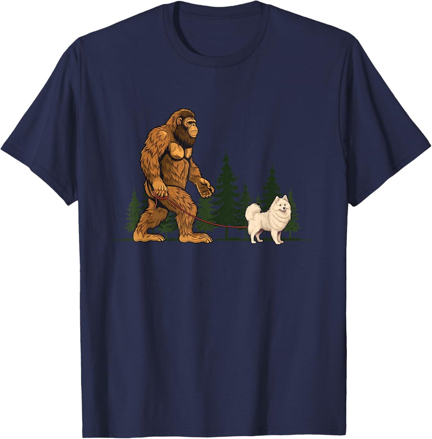 Funny American Eskimo Bigfoot Dog Walking Dog Mom Dad Kids T-Shirt - T-Shirt | Navy