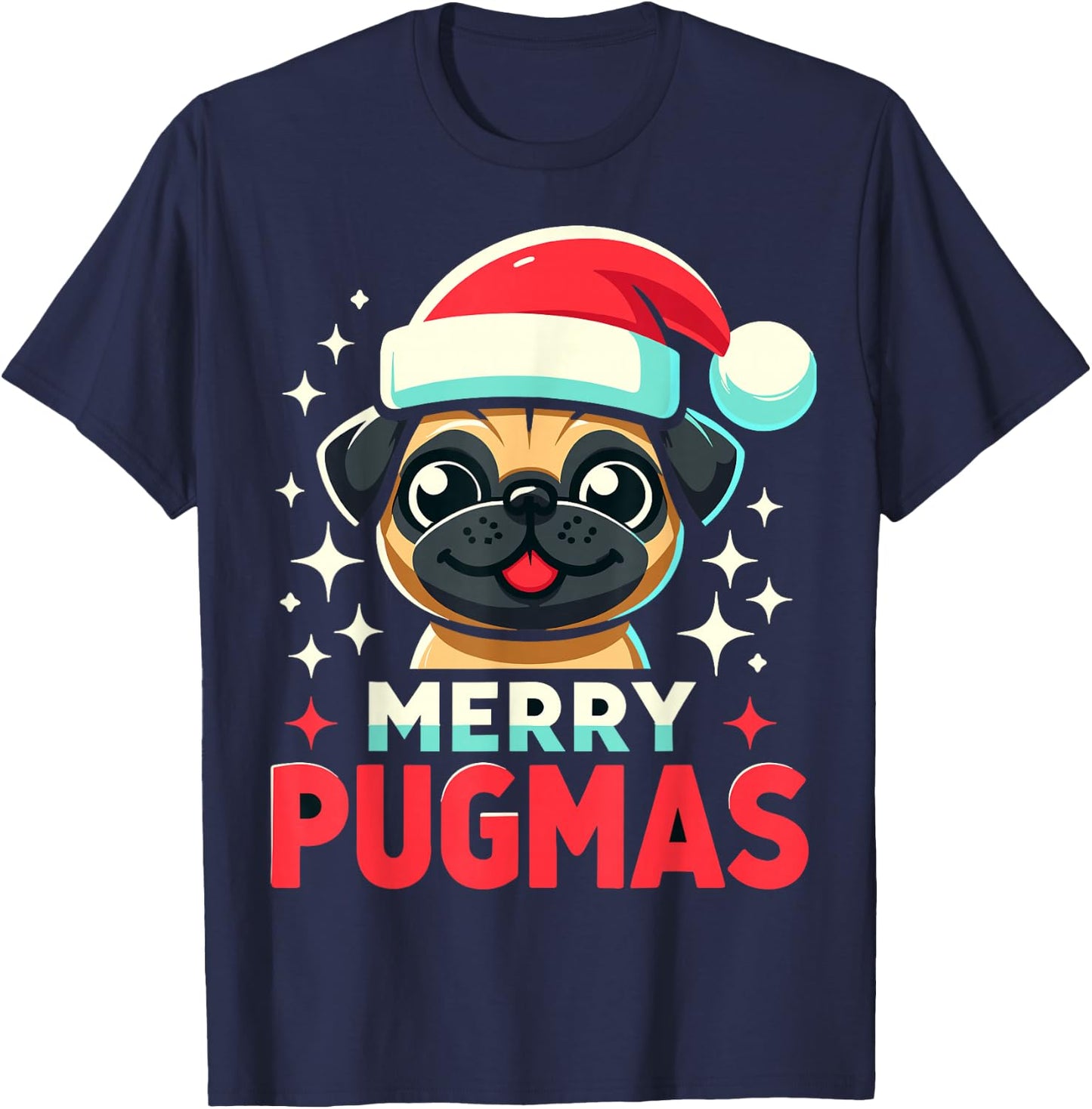 Merry Pugmas Funny Pug Dog Santa Hat Christmas T-Shirt - T-Shirt | Navy