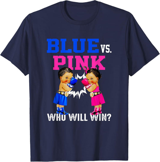 Gender Reveal Blue vs Pink Ethnic Boxing Babies Boy Or Girl T-Shirt - T-Shirt | Navy