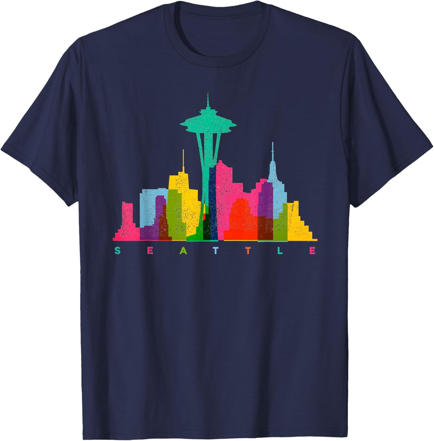Seattle Skyline Colorful Washington T-Shirt - T-Shirt | Navy