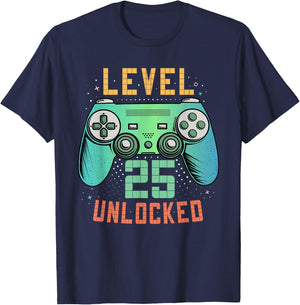 Level 25 Unlocked 25th Birthday Gamer Gifts 25 Year Old Male T-Shirt - T-Shirt | Navy