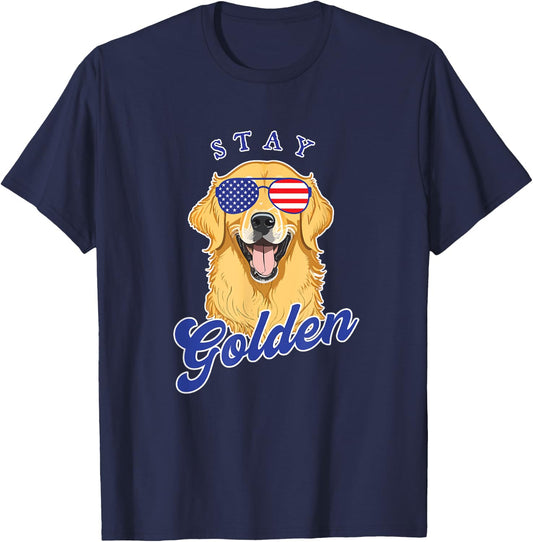 Golden Retriever Patriotic American Flag Vintage Stay Golden Women Men T-Shirt - T-Shirt | Navy