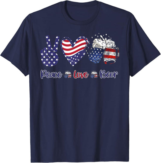 mb35 Peace Love Beer Lover American Flag 4th Of July T-Shirt - T-Shirt | Navy