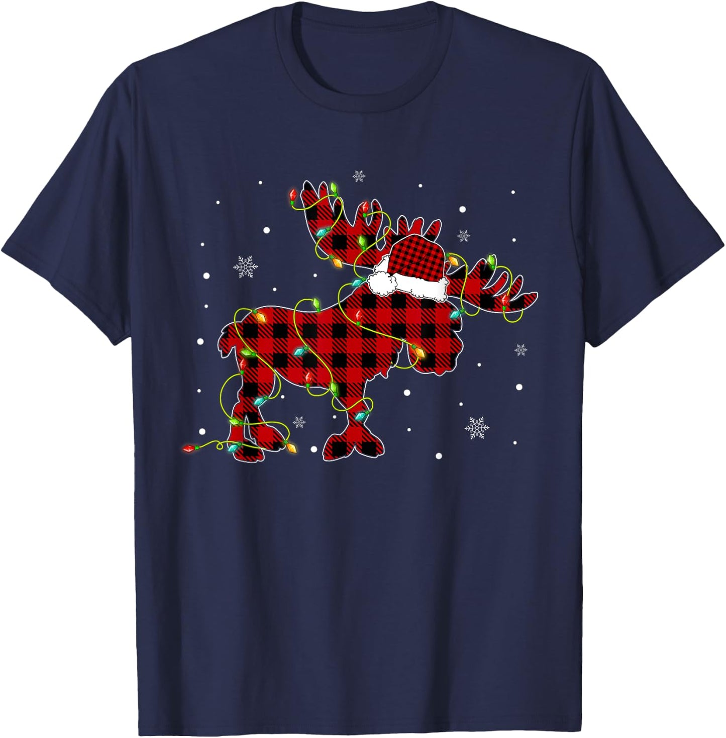 Red Buffalo Plaid Moose Santa Hat Christmas Tree Lights Xmas T-Shirt - T-Shirt | Navy