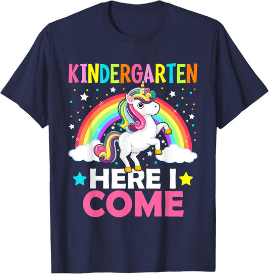 Kindergarten Here I Come Cute Unicorn 1st Day Back To School T-Shirt - T-Shirt | Navy