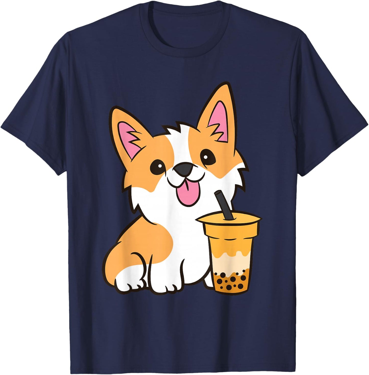 Kawaii Corgi Dog Drinking Bubble Tea Boba Tea Corgi Puppy T-Shirt - T-Shirt | Navy