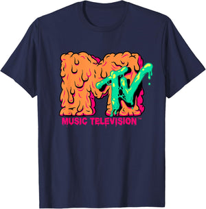 Mademark x MTV - MTV Logo Orange Slimy Goo Green Slime Melted MTV T-Shirt - T-Shirt | Navy