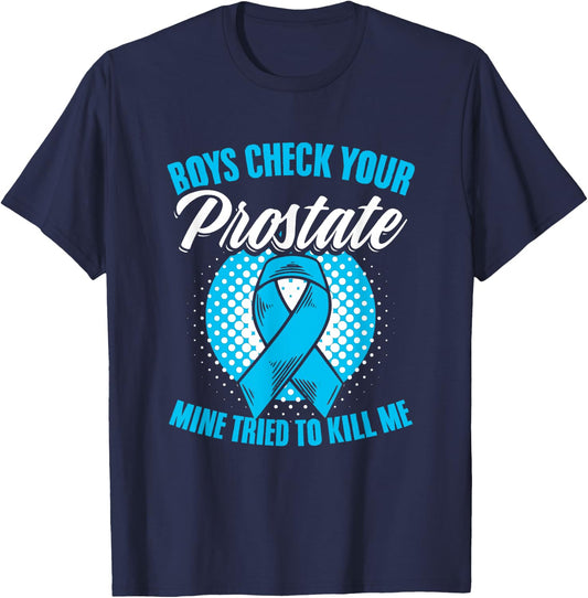 Light Blue Ribbon Boys Check Your Prostate Cancer Awareness T-Shirt - T-Shirt | Navy