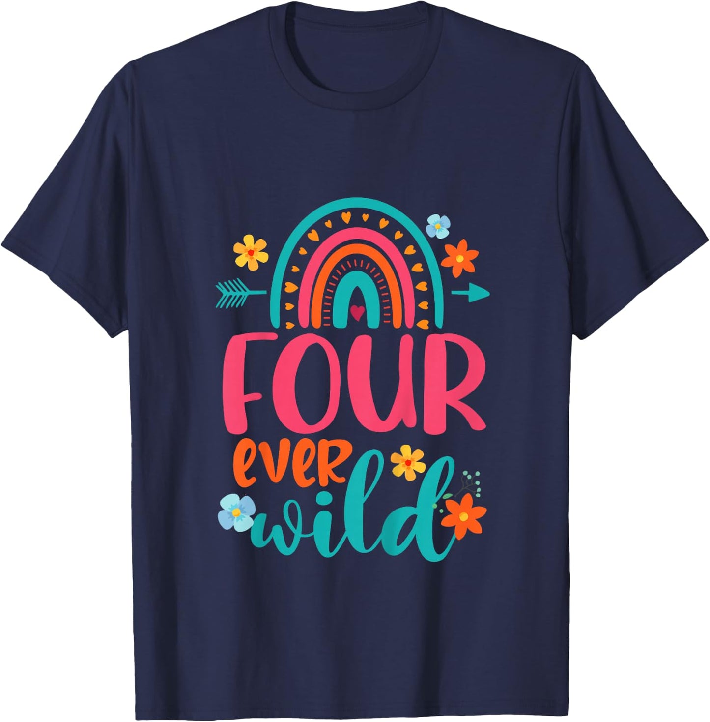 Four Ever Wild 4th Birthday Girl Rainbow Fourth Birthday T-Shirt - T-Shirt | Navy
