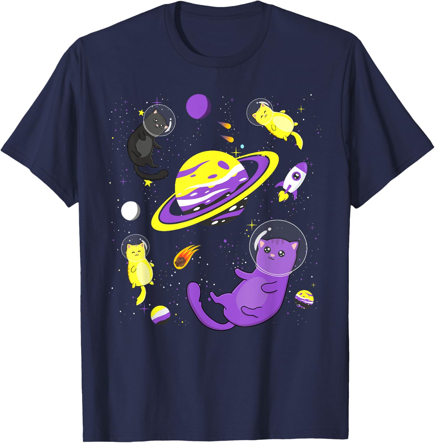 Funny Cat In Space Non-Binary Flag Agender Genderqueer Pride Women T-Shirt - T-Shirt | Navy