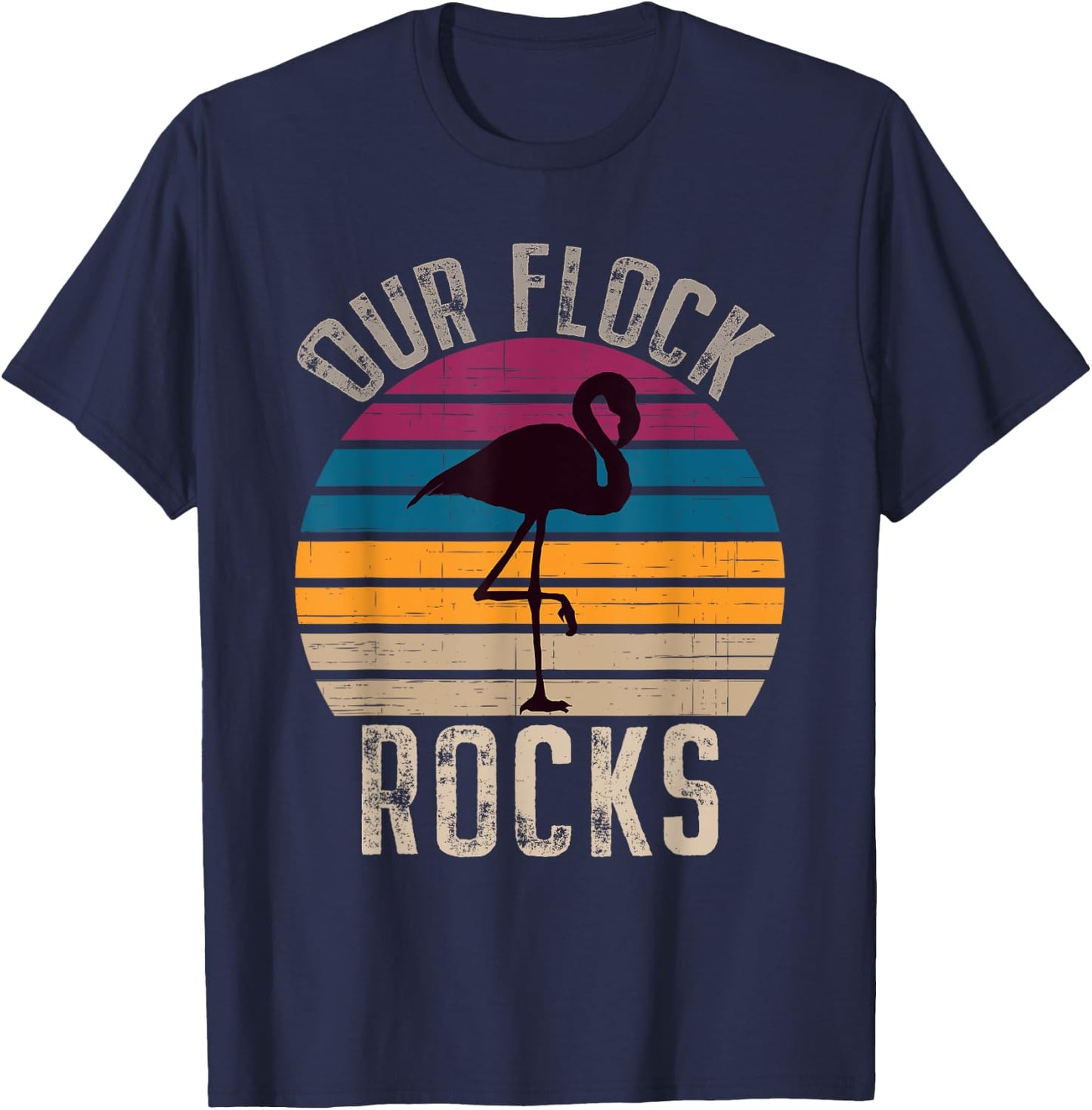 Our Flock Rocks Retro Vintage Flamingo Mothers Day Family T-Shirt - T-Shirt | Navy