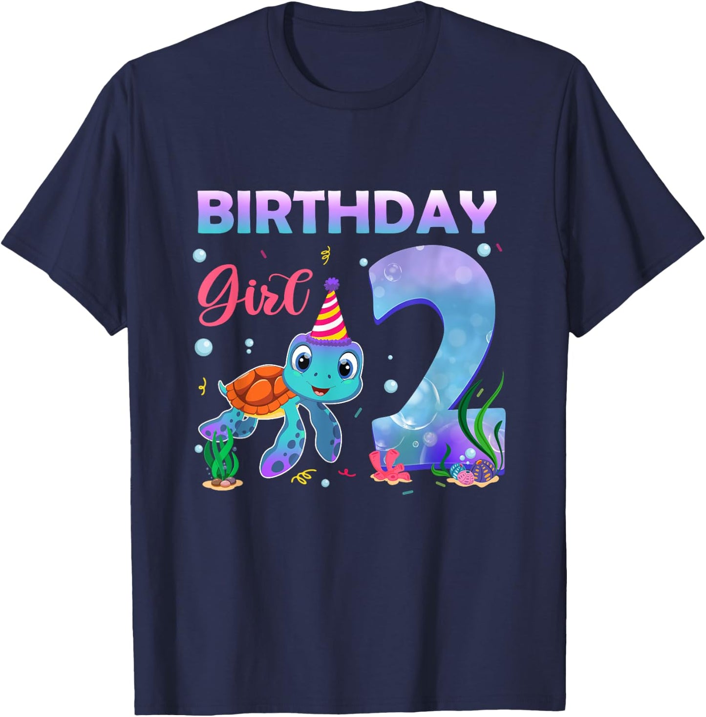 2ND Birthday Girl Sea Turtle 2 Year Old Ocean Aquarium Girls T-Shirt - T-Shirt | Navy