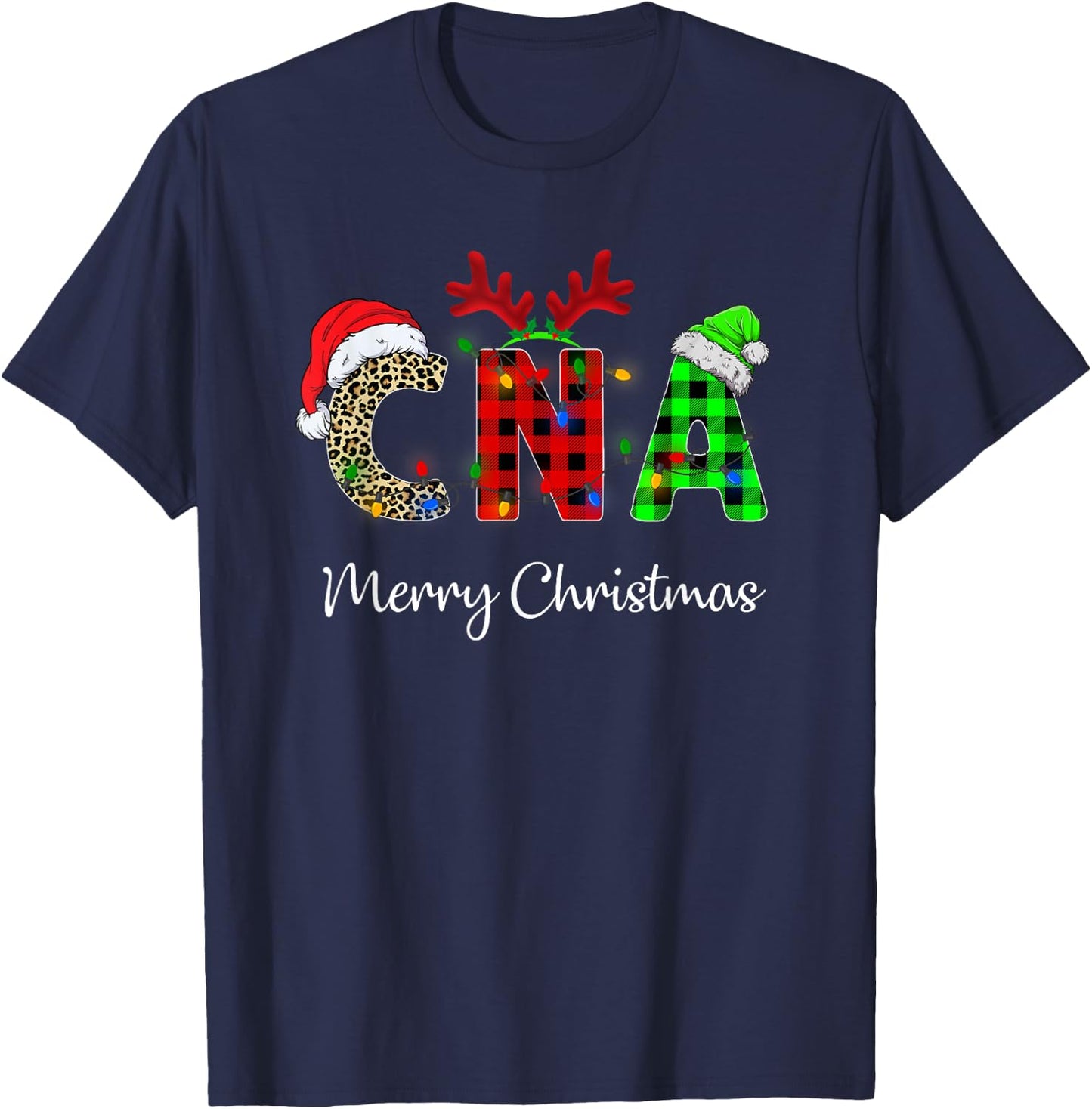 Leopard Red Plaid CNA Nursing Santa Hat Reindeer Christmas T-Shirt - T-Shirt | Navy