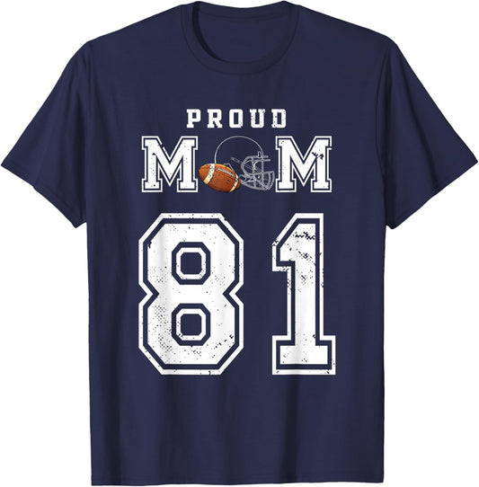 Custom Proud Football Mom Number 81 Personalized T-Shirt - T-Shirt | Navy